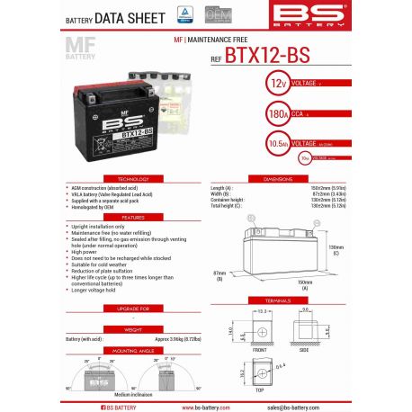 BS AKUMULATOR BTX12-BS (YTX12-BS) 12V 10AH 152X88X131 BEZOBSŁUGOWY - ELEKTROLIT OSOBNO (180A) (4) UE2019/1148