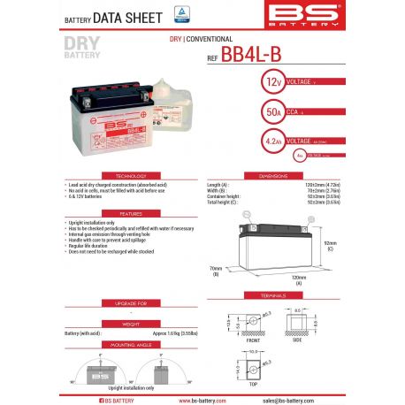 BS AKUMULATOR BB4L-B (YB4L-B) 12V 4AH 121X71X93 OBSŁUGOWY - ELEKTROLIT OSOBNO (56A) (8) UE2019/1148
