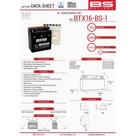 BS AKUMULATOR BTX16-BS1 (YTX16-BS-1) 12V 14AH 152X88X161 BEZOBSŁUGOWY - ELEKTROLIT OSOBNO (230A) (4) UE2019/1148