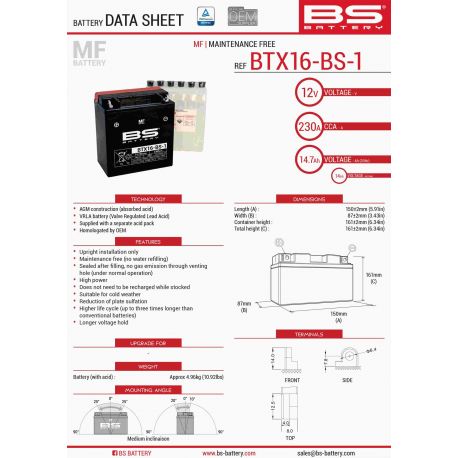BS AKUMULATOR BTX16-BS1 (YTX16-BS-1) 12V 14AH 152X88X161 BEZOBSŁUGOWY - ELEKTROLIT OSOBNO (230A) (4) UE2019/1148